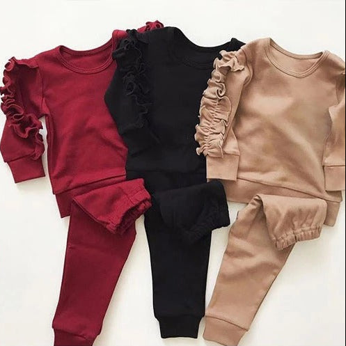 Newborn Baby Boys Girls Ruffles Jumper Solid Long Sleeve Sweatshirt Tops Pants Infant Kids 2Pcs Outfits Clothes Set Fall Clothes