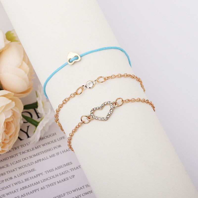 Heart-shaped Multi-layer Womens Bracelet Set Of Three With Chain Links